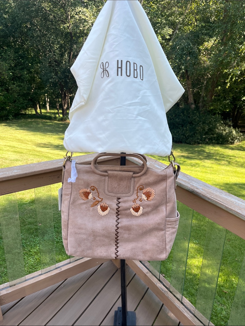 HOBO Beige Leather Embroidered Tote with Top Handles